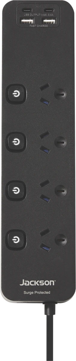 Jackson 4 Way Fast Charge USB-C/A Surge Protected Powerboard