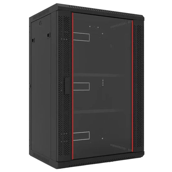 Black computer tower with red accents on a white background