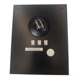Black electronic panel with various connectors on a white background