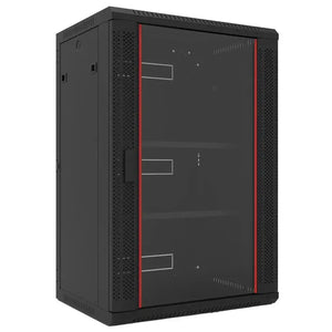 Black computer tower with red accents on a white background