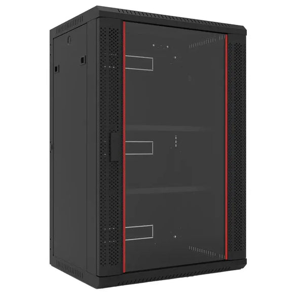 Black computer tower with red accents on a white background