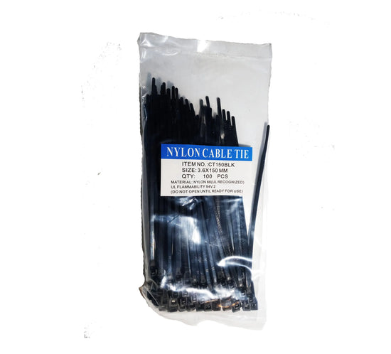 Black Nylon Cable Ties 150mm x 3.6mm  UV resistant 100 Pack Adaptex